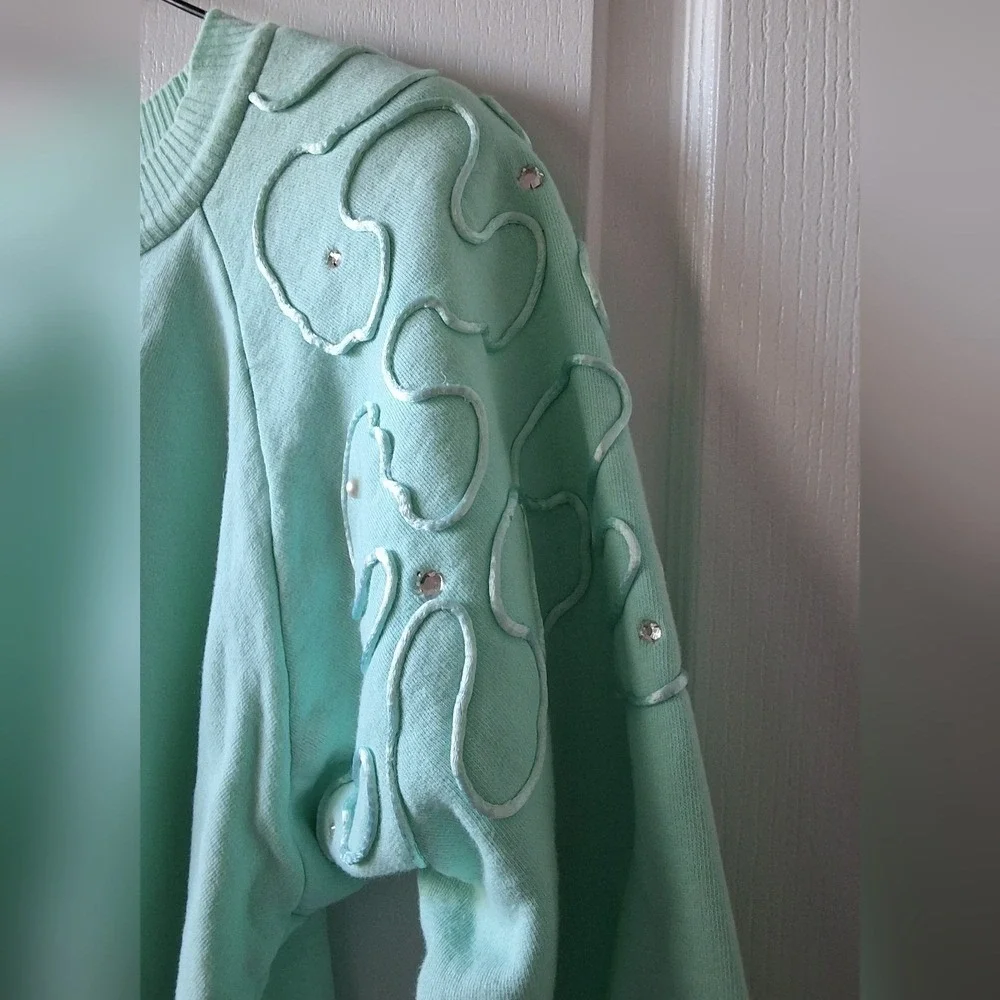 Bodalia Aqua Sweater 1980s Rhinestones Pearls Puffed Sleeves Vintage Flash Dance